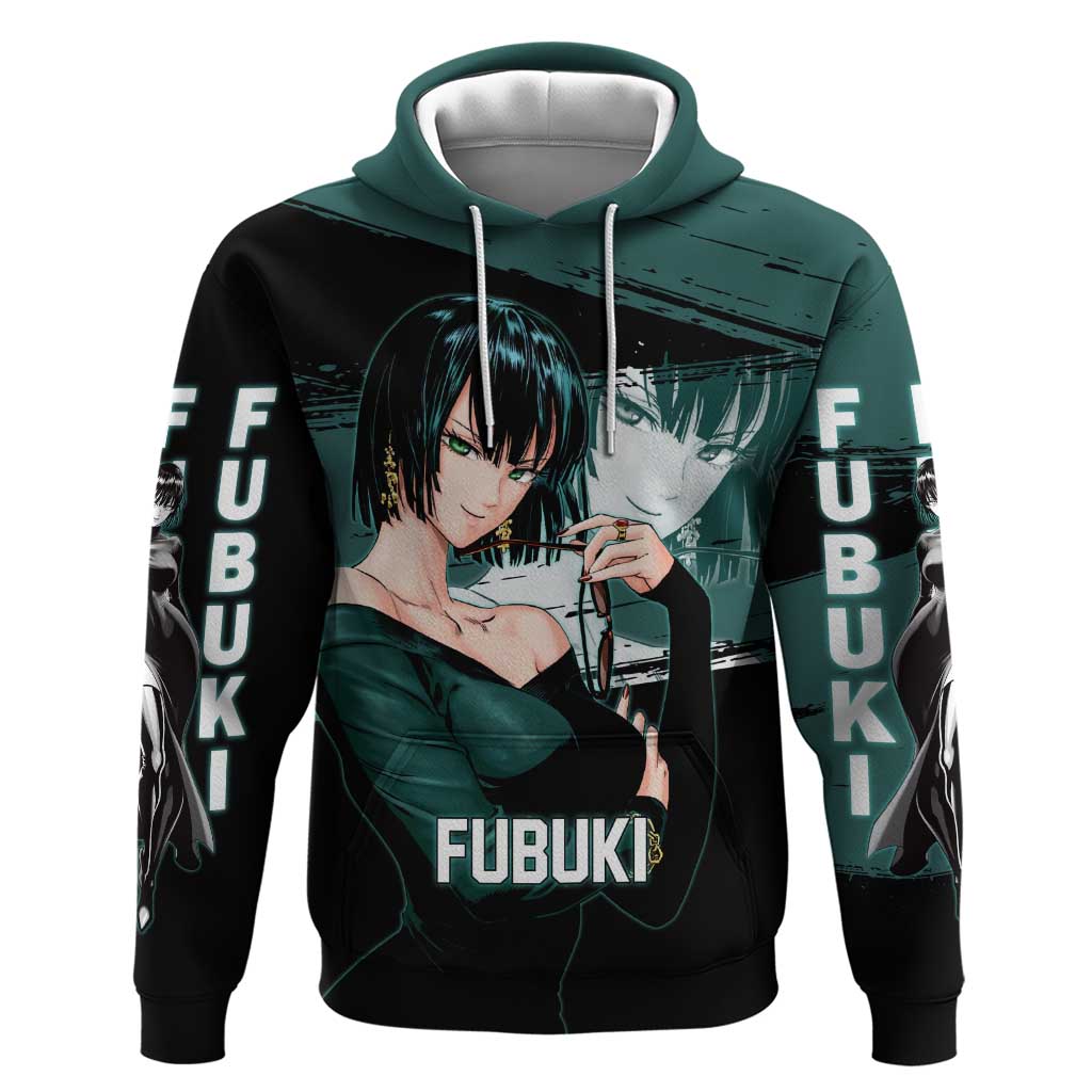 Fubuki One Punch Man Anime Teal and Black Theme Zip Hoodie with Elegant Psychic Pose and Cool Urban Style - The Mazicc