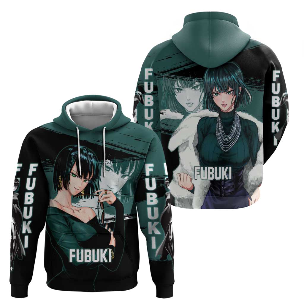 Fubuki One Punch Man Anime Teal and Black Theme Zip Hoodie with Elegant Psychic Pose and Cool Urban Style - The Mazicc
