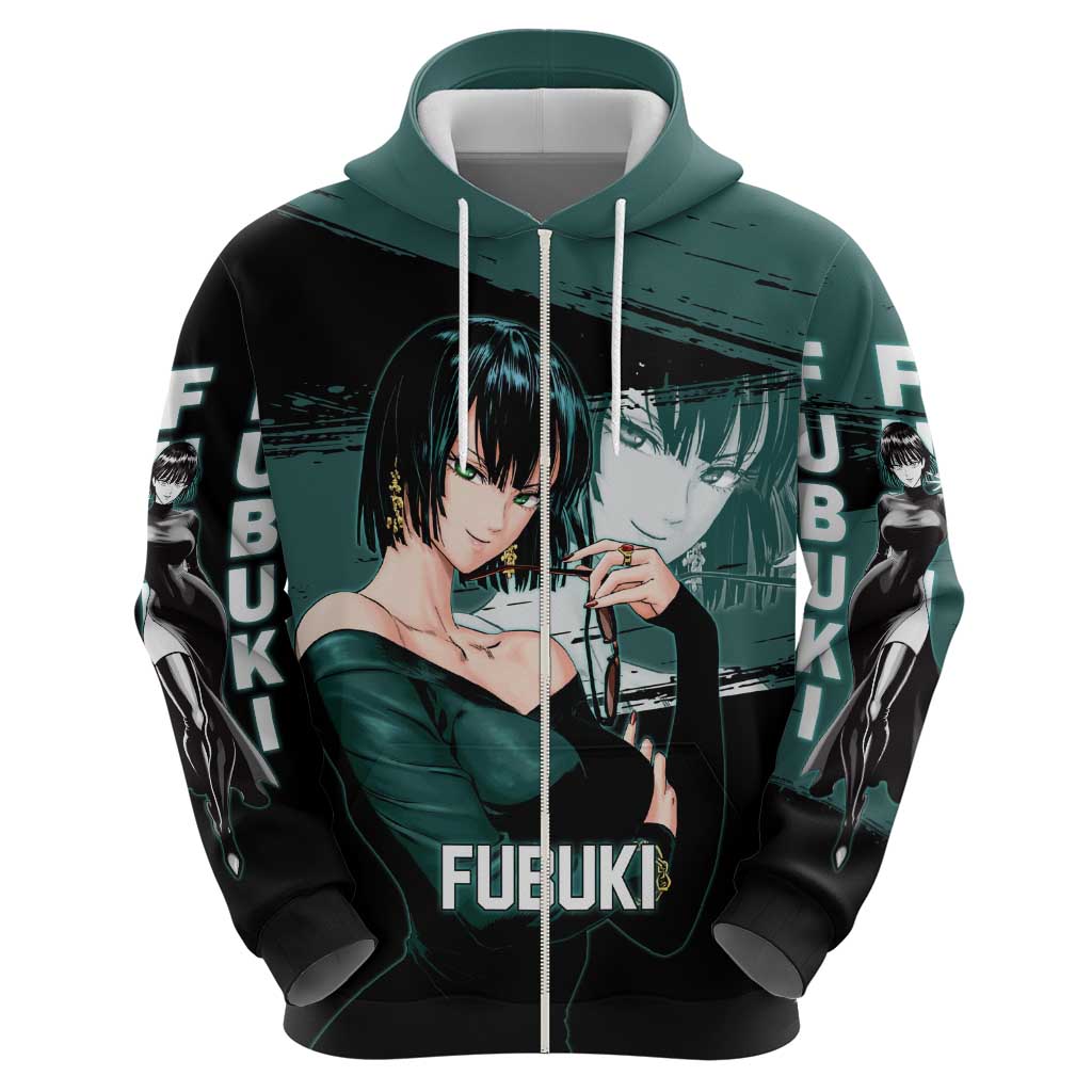 Fubuki One Punch Man Anime Teal and Black Theme Zip Hoodie with Elegant Psychic Pose and Cool Urban Style - The Mazicc