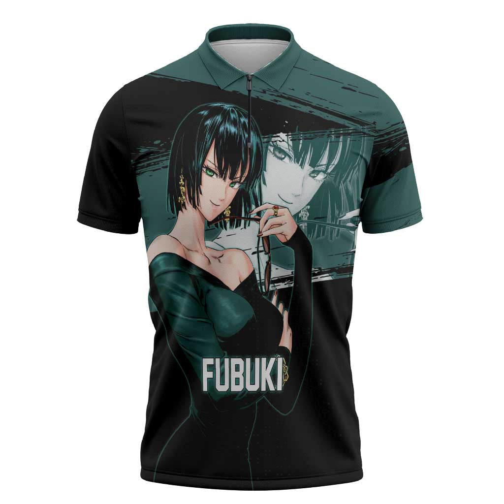 Fubuki One Punch Man Anime Teal and Black Theme Zipper Polo Shirt with Elegant Psychic Pose and Cool Urban Style - The Mazicc