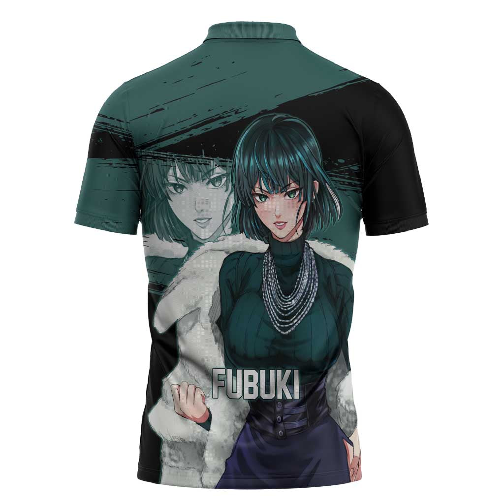 Fubuki One Punch Man Anime Teal and Black Theme Zipper Polo Shirt with Elegant Psychic Pose and Cool Urban Style - The Mazicc
