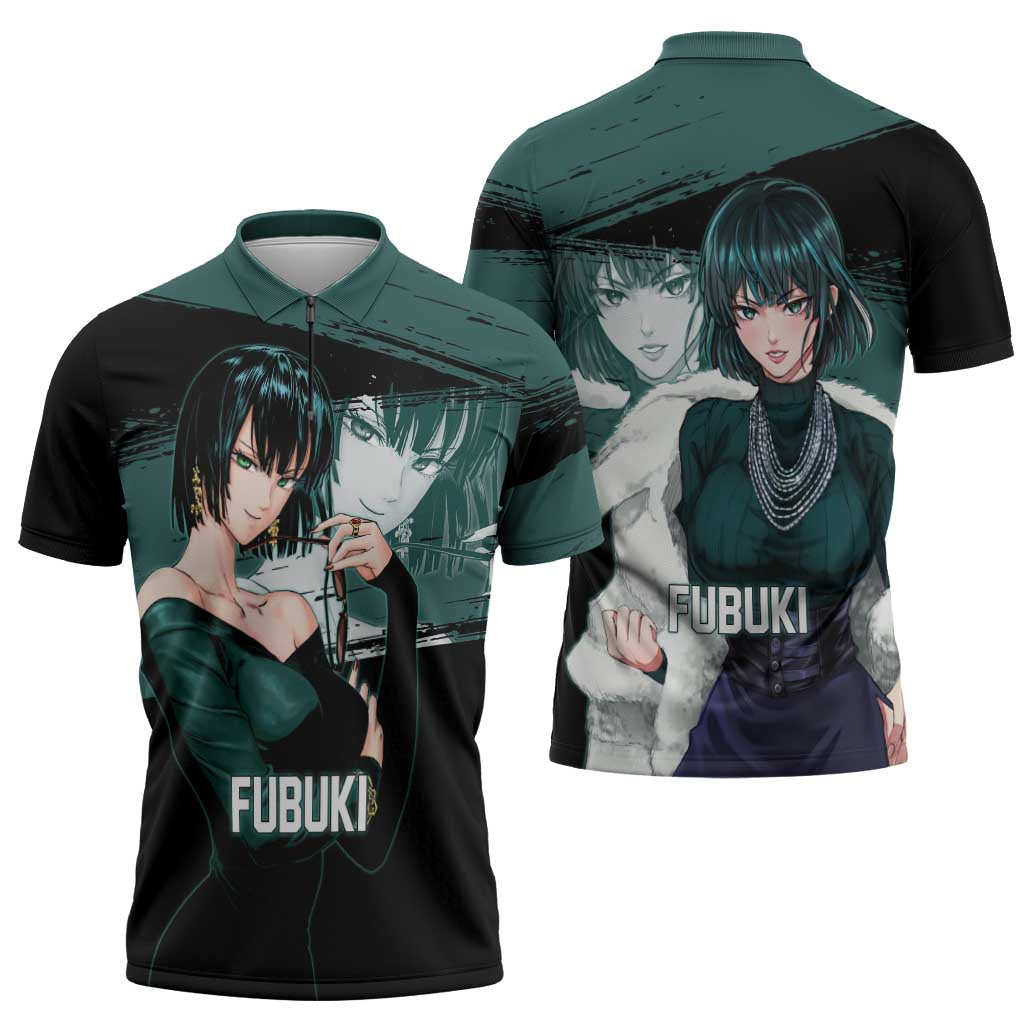 Fubuki One Punch Man Anime Teal and Black Theme Zipper Polo Shirt with Elegant Psychic Pose and Cool Urban Style - The Mazicc