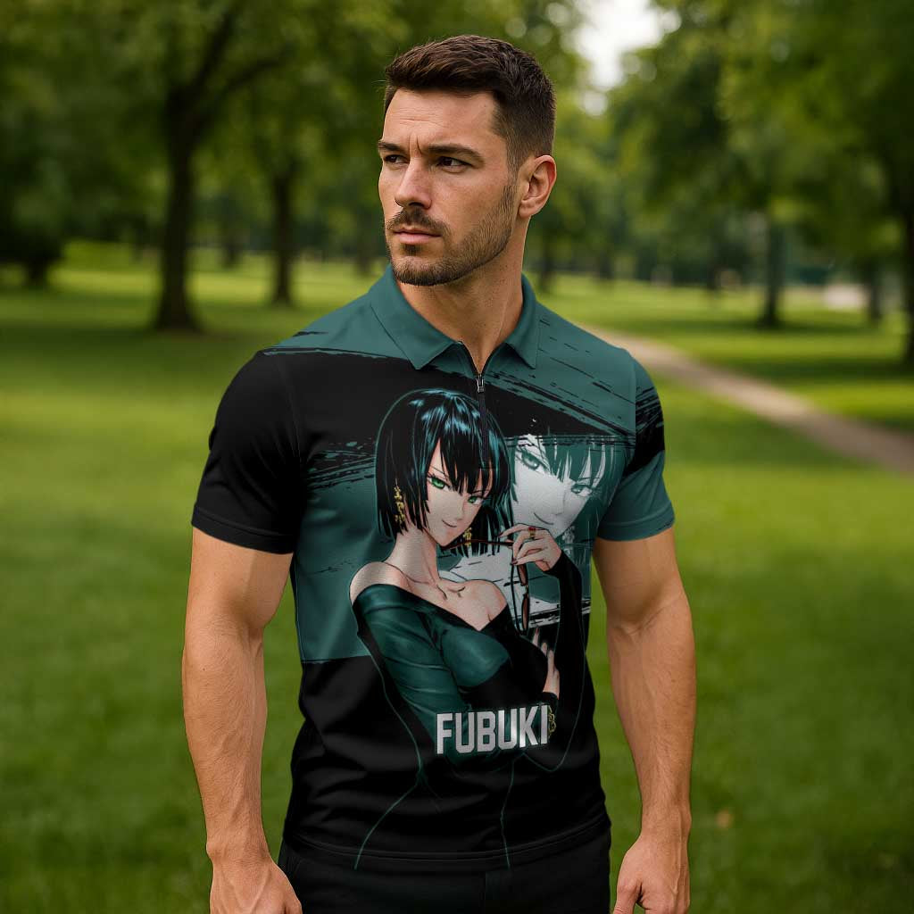 Fubuki One Punch Man Anime Teal and Black Theme Zipper Polo Shirt with Elegant Psychic Pose and Cool Urban Style - The Mazicc