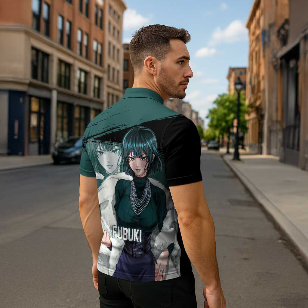 Fubuki One Punch Man Anime Teal and Black Theme Zipper Polo Shirt with Elegant Psychic Pose and Cool Urban Style - The Mazicc