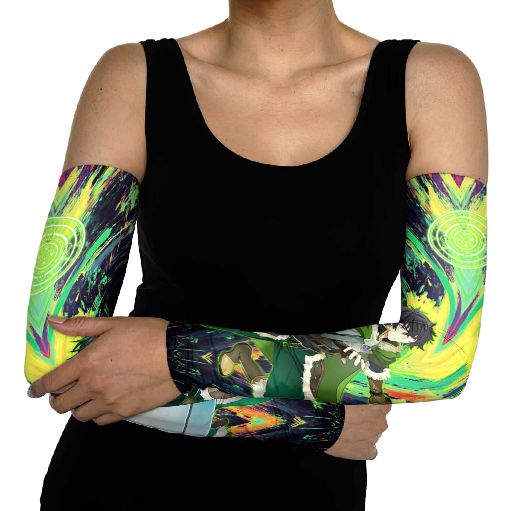 Naofumi The Rising of the Shield Hero Arm Sleeves with Dynamic Combat Pose and Energy Circles - The Mazicc