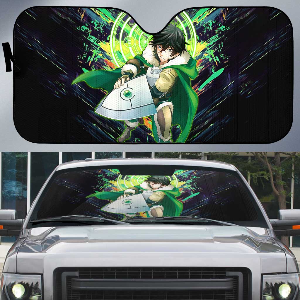 Naofumi The Rising of the Shield Hero Auto Sun Shade with Dynamic Combat Pose and Energy Circles - The Mazicc