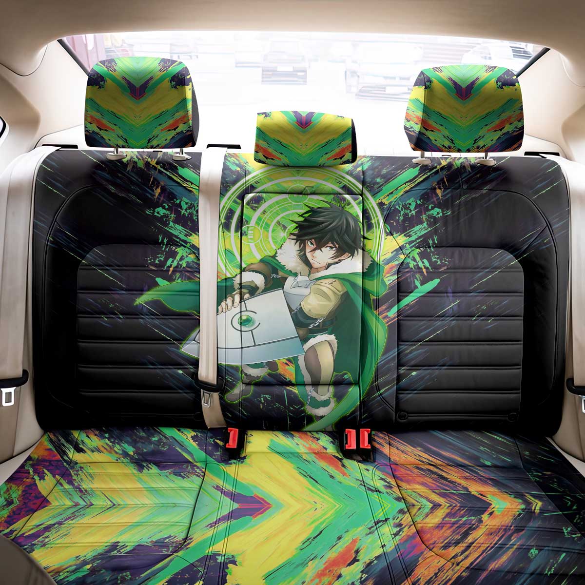 Naofumi The Rising of the Shield Hero Back Car Seat Cover with Dynamic Combat Pose and Energy Circles - The Mazicc