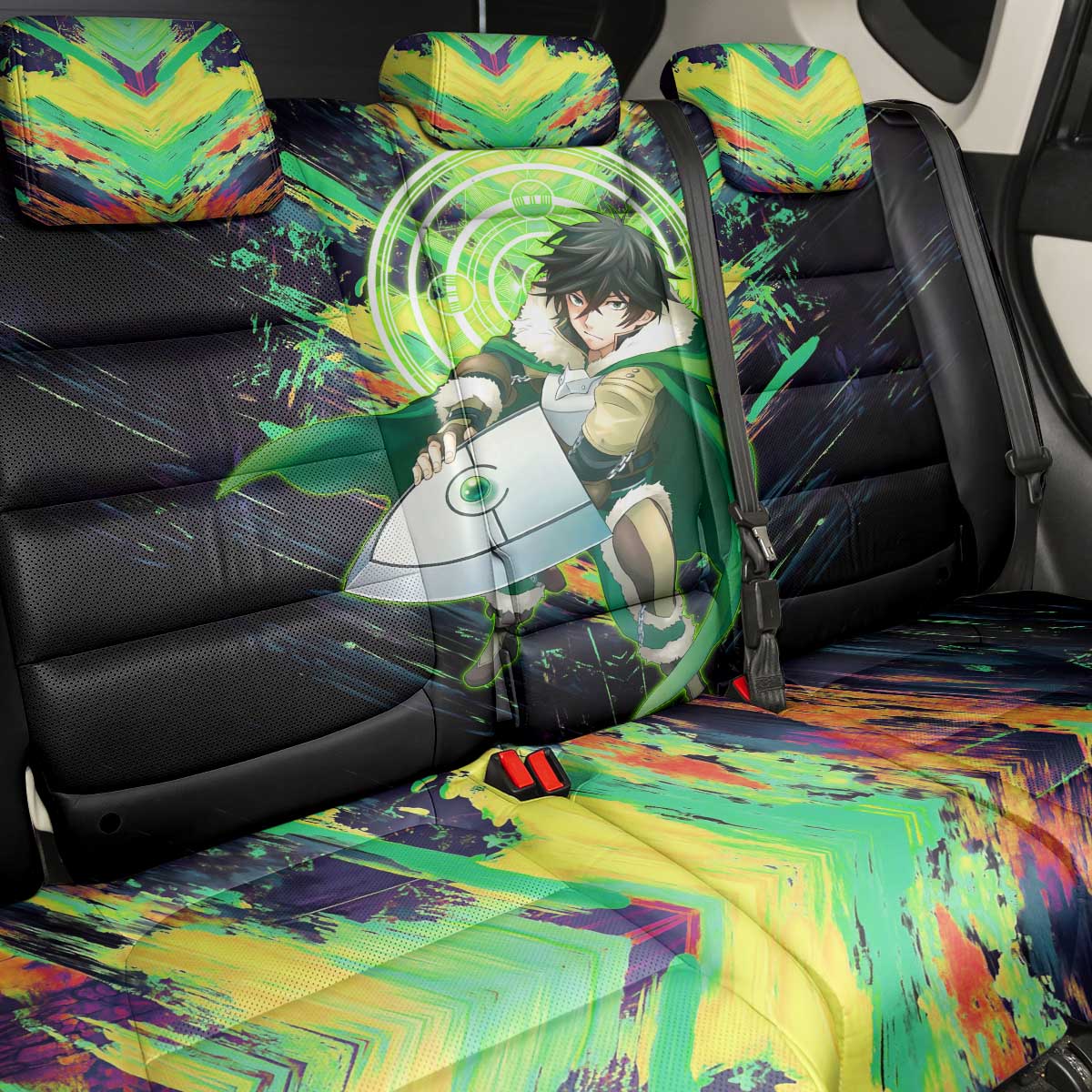 Naofumi The Rising of the Shield Hero Back Car Seat Cover with Dynamic Combat Pose and Energy Circles - The Mazicc