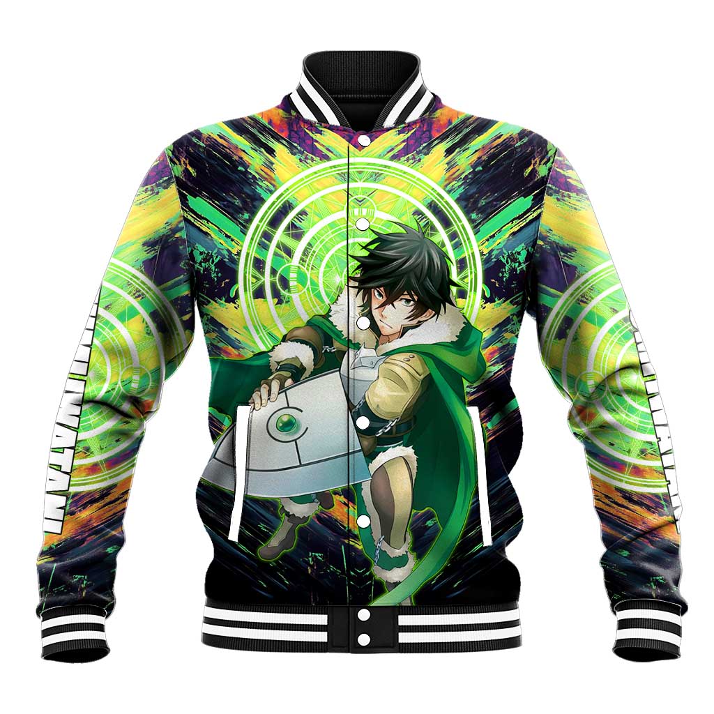 Naofumi The Rising of the Shield Hero Baseball Jacket with Dynamic Combat Pose and Energy Circles - The Mazicc