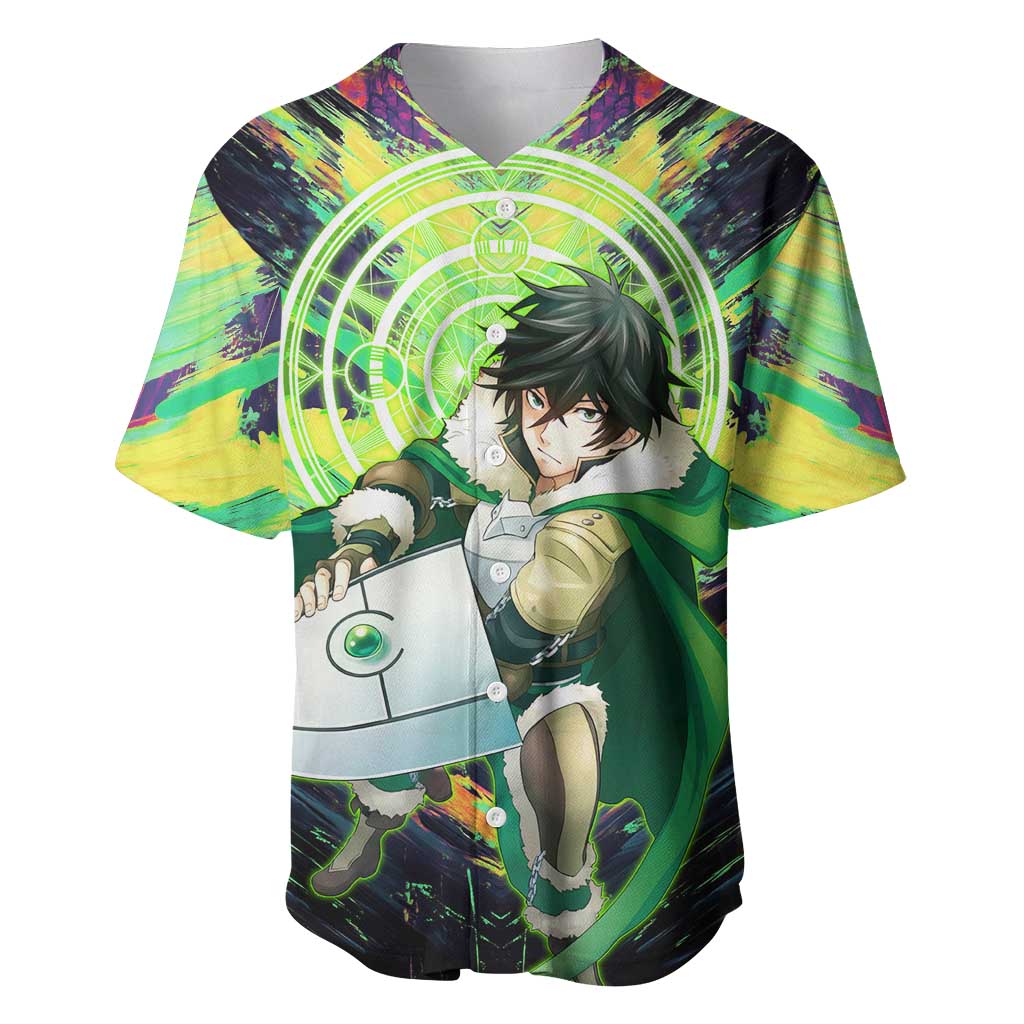 Naofumi The Rising of the Shield Hero Baseball Jersey with Dynamic Combat Pose and Energy Circles - The Mazicc