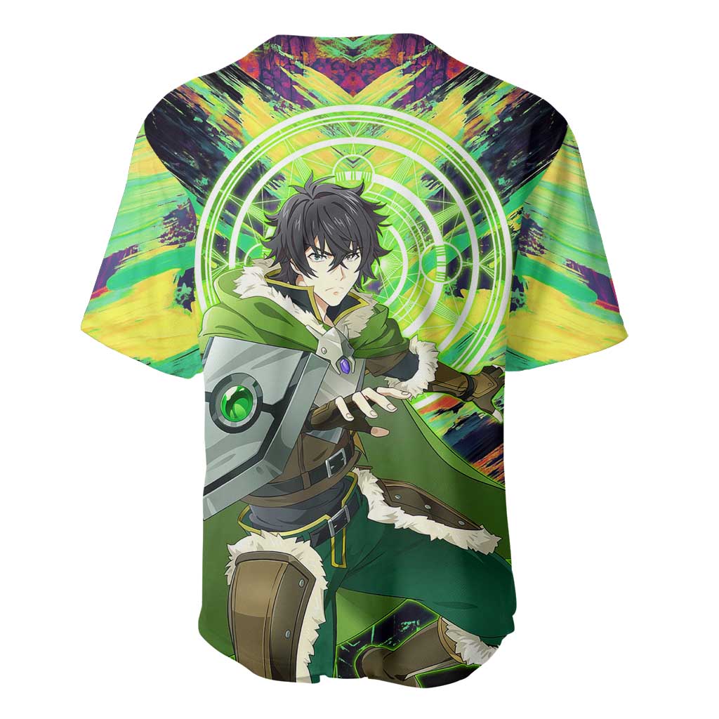 Naofumi The Rising of the Shield Hero Baseball Jersey with Dynamic Combat Pose and Energy Circles - The Mazicc