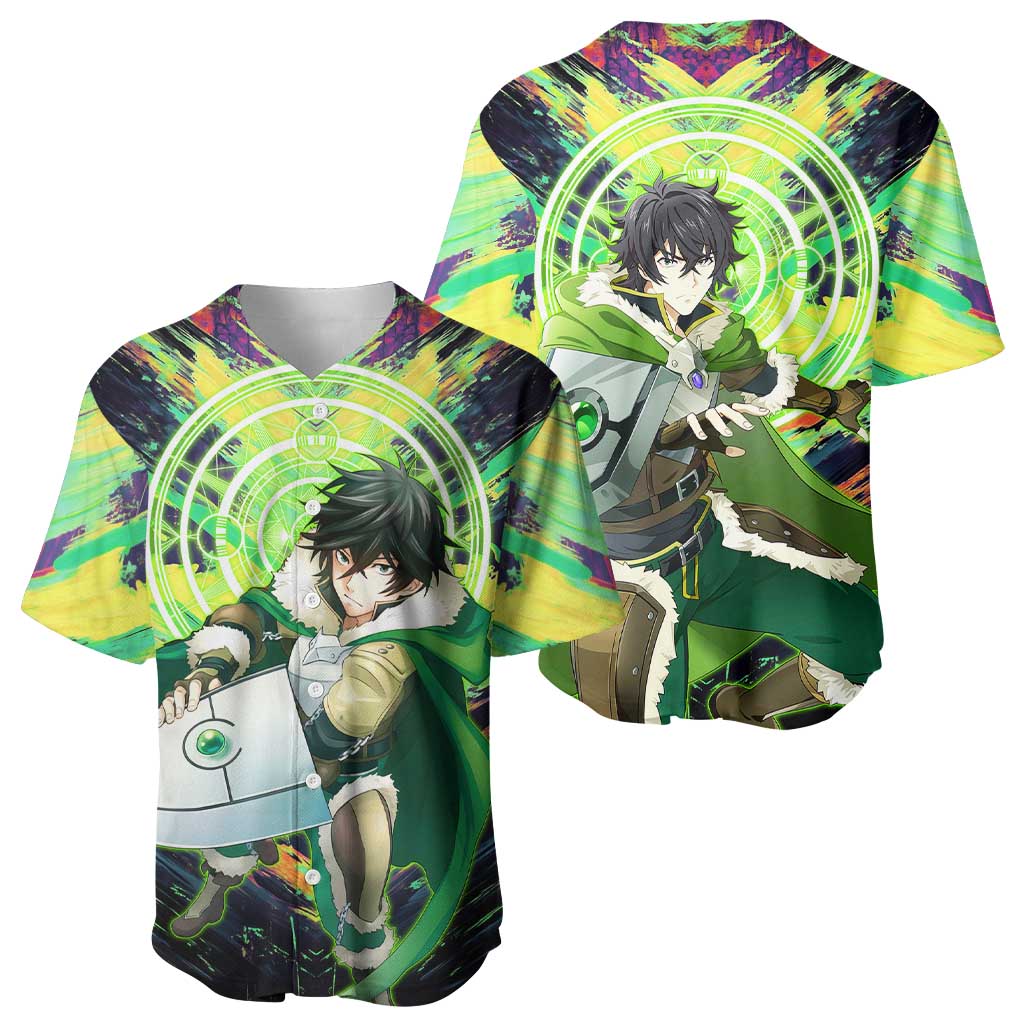 Naofumi The Rising of the Shield Hero Baseball Jersey with Dynamic Combat Pose and Energy Circles - The Mazicc
