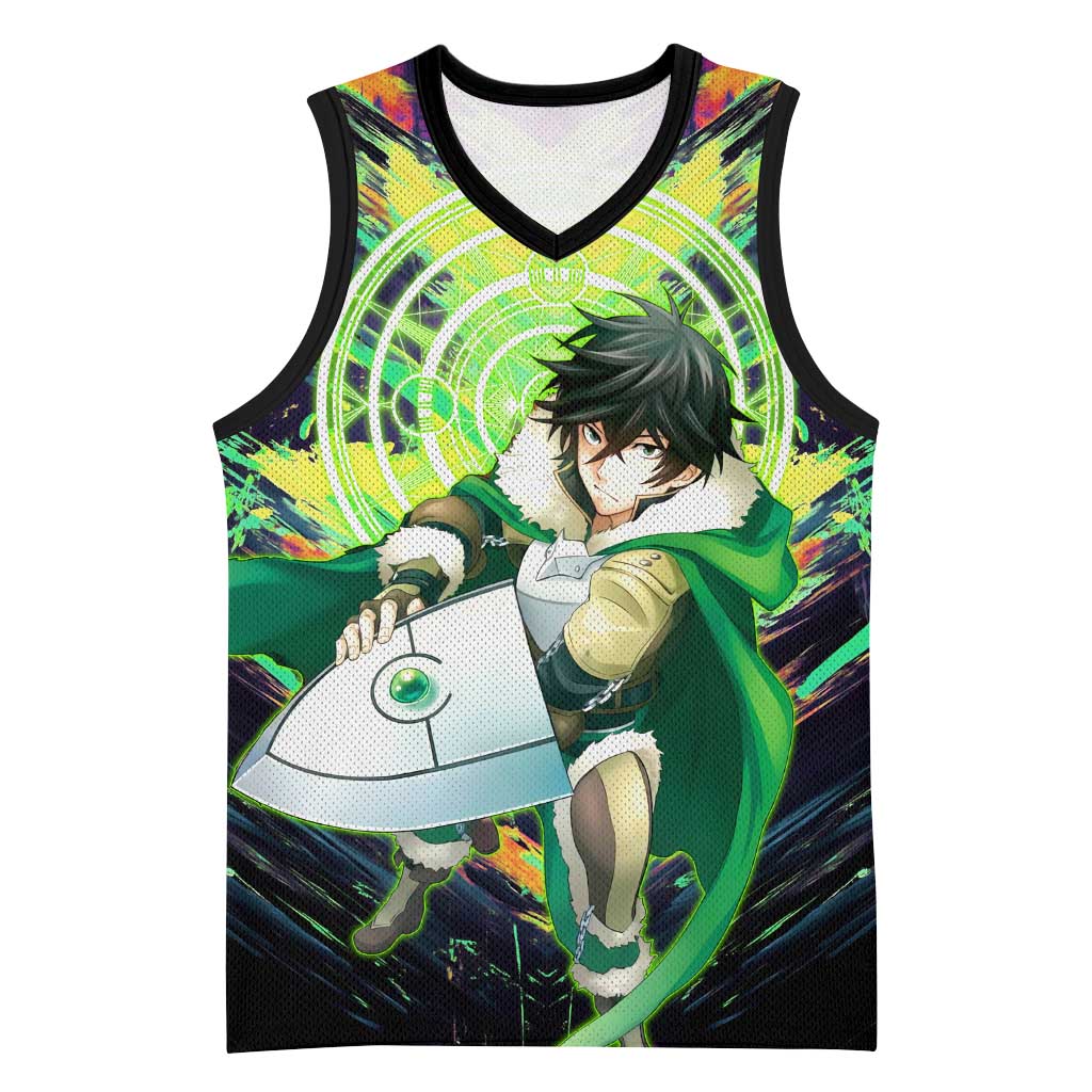Naofumi The Rising of the Shield Hero Basketball Jersey with Dynamic Combat Pose and Energy Circles - The Mazicc