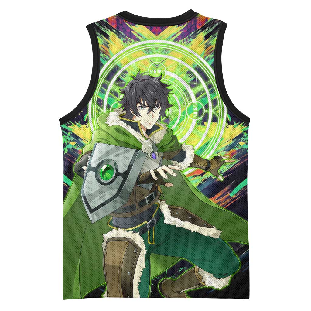 Naofumi The Rising of the Shield Hero Basketball Jersey with Dynamic Combat Pose and Energy Circles - The Mazicc