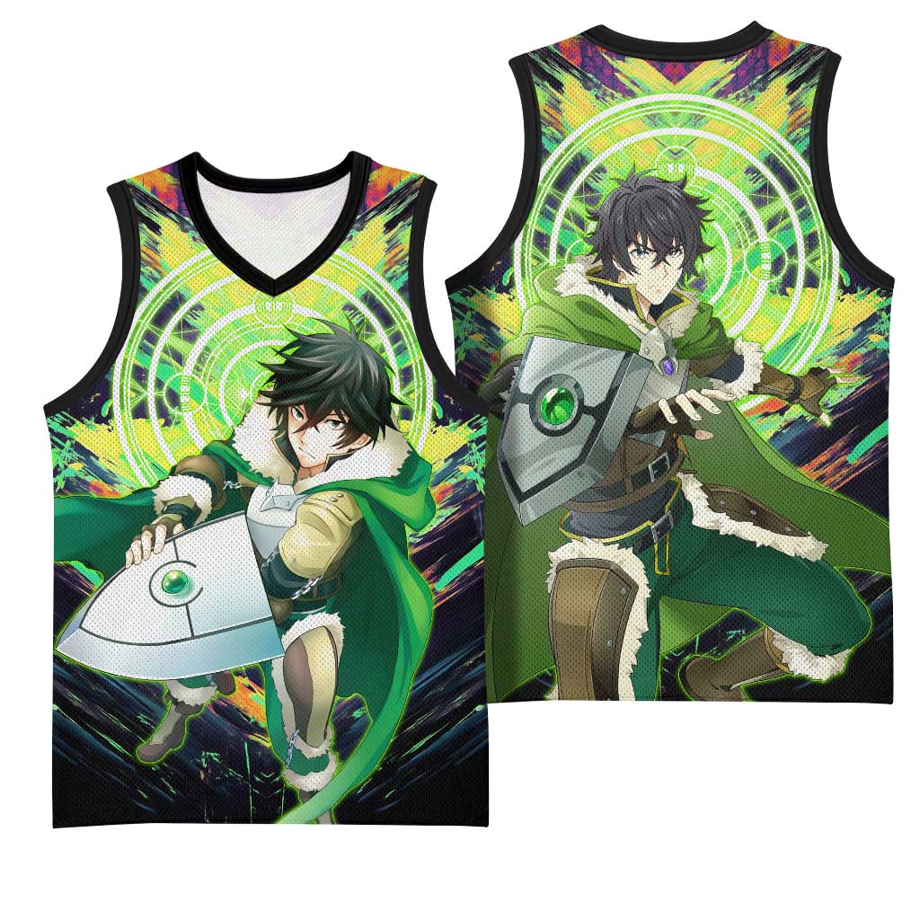 Naofumi The Rising of the Shield Hero Basketball Jersey with Dynamic Combat Pose and Energy Circles - The Mazicc