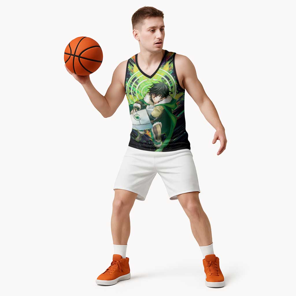 Naofumi The Rising of the Shield Hero Basketball Jersey with Dynamic Combat Pose and Energy Circles - The Mazicc