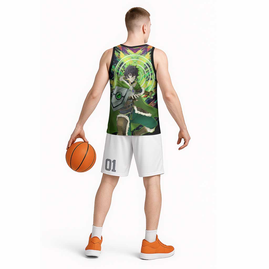 Naofumi The Rising of the Shield Hero Basketball Jersey with Dynamic Combat Pose and Energy Circles - The Mazicc