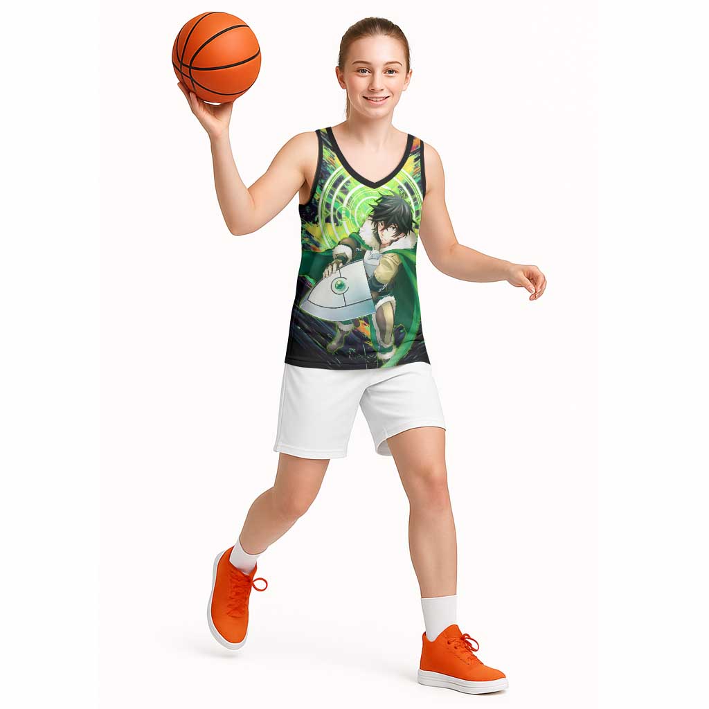 Naofumi The Rising of the Shield Hero Basketball Jersey with Dynamic Combat Pose and Energy Circles - The Mazicc