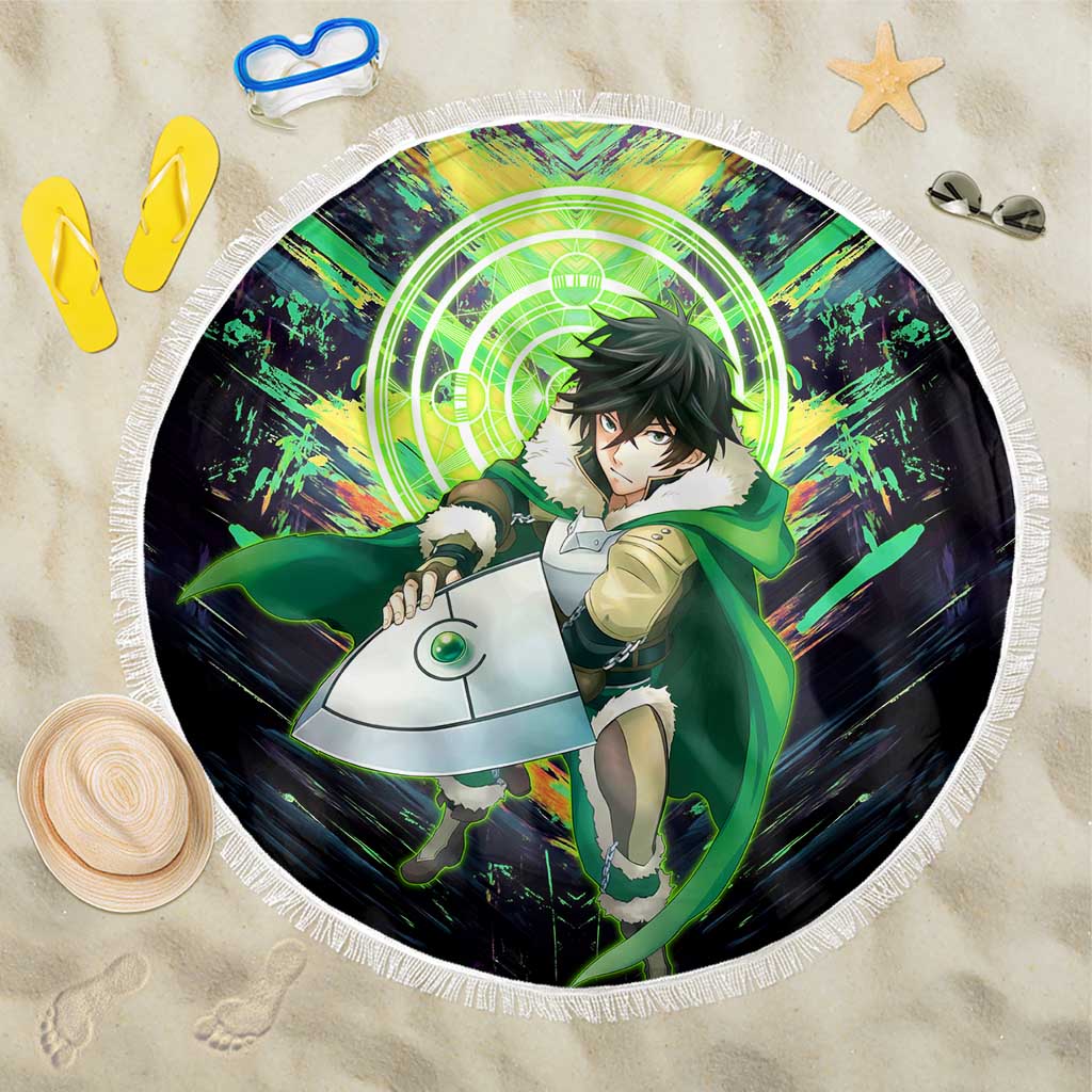 Naofumi The Rising of the Shield Hero Beach Blanket with Dynamic Combat Pose and Energy Circles - The Mazicc