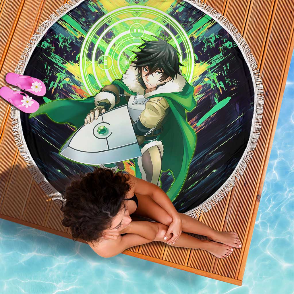 Naofumi The Rising of the Shield Hero Beach Blanket with Dynamic Combat Pose and Energy Circles - The Mazicc