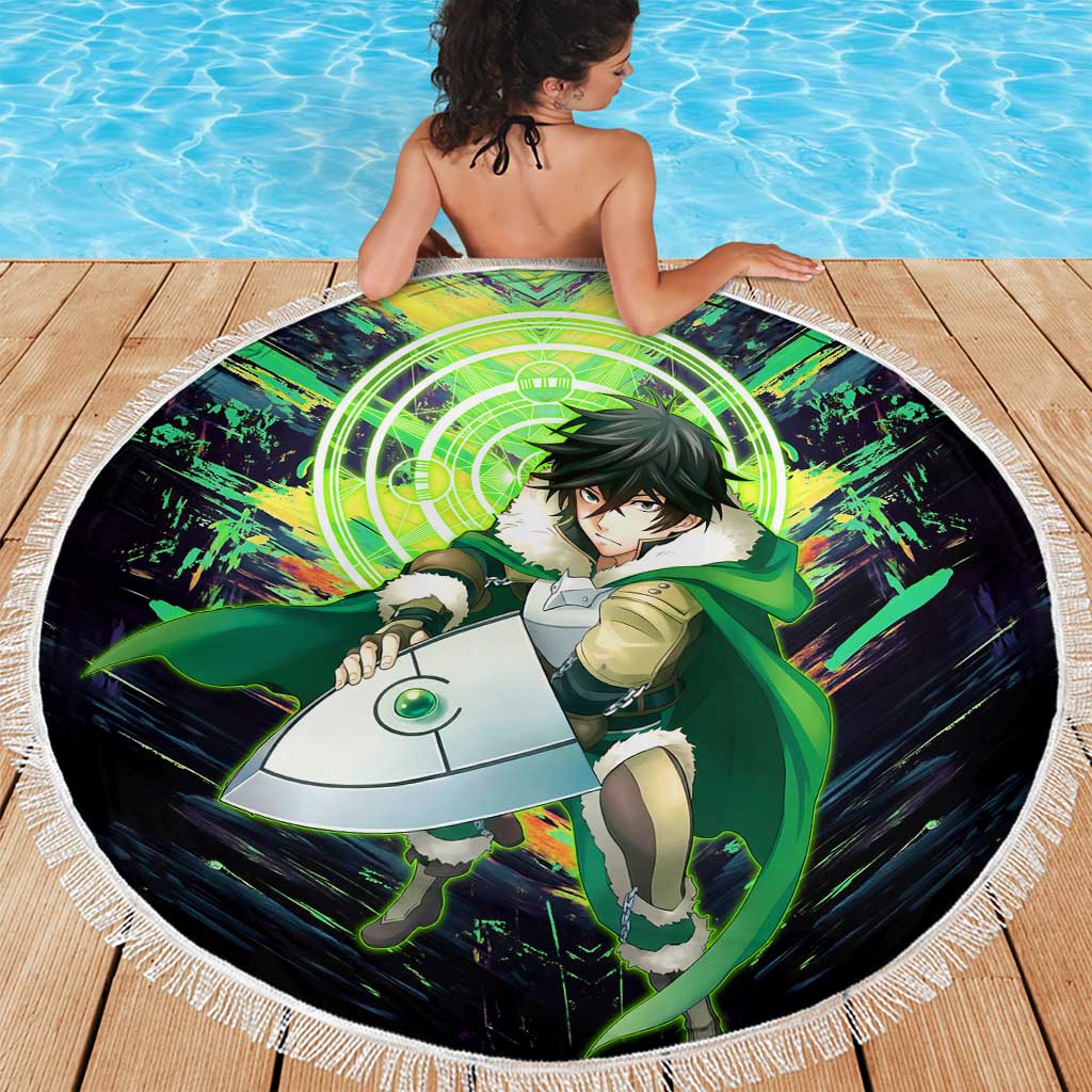 Naofumi The Rising of the Shield Hero Beach Blanket with Dynamic Combat Pose and Energy Circles - The Mazicc
