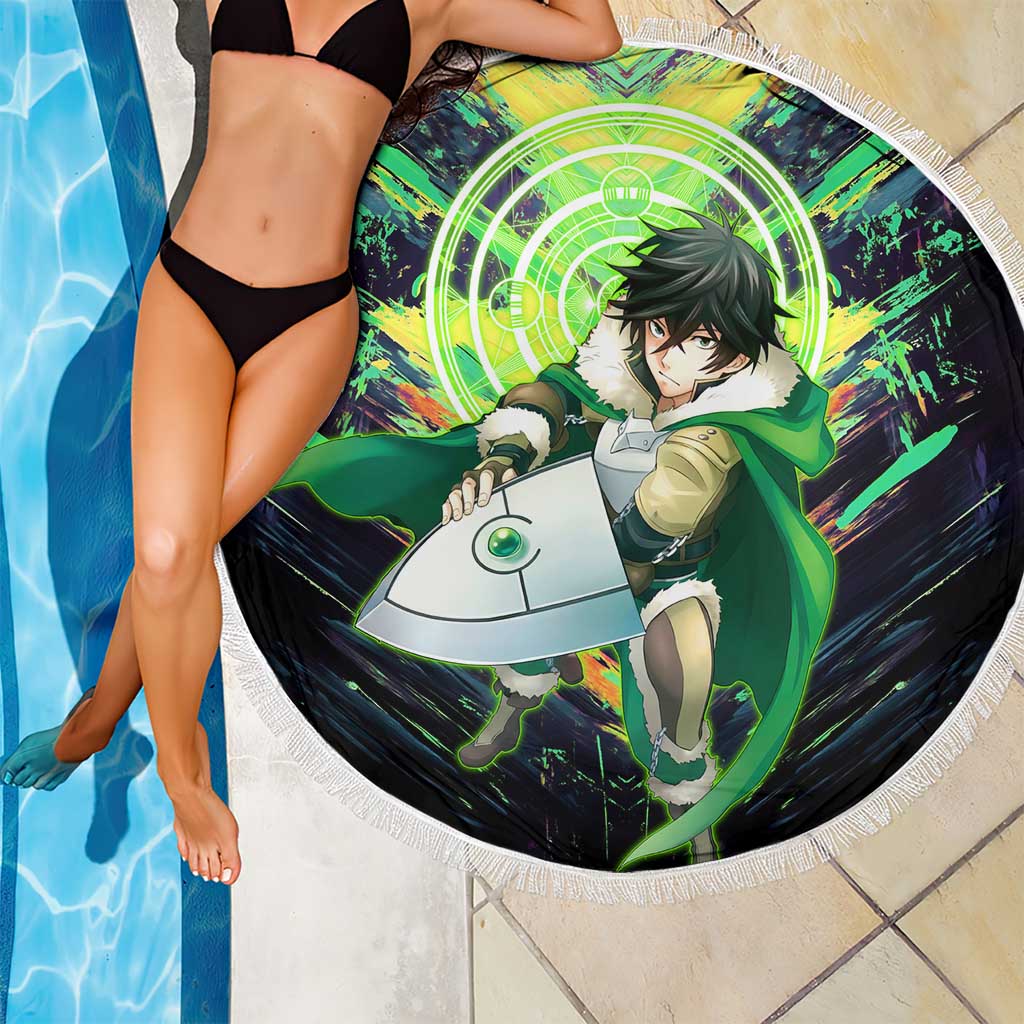 Naofumi The Rising of the Shield Hero Beach Blanket with Dynamic Combat Pose and Energy Circles - The Mazicc