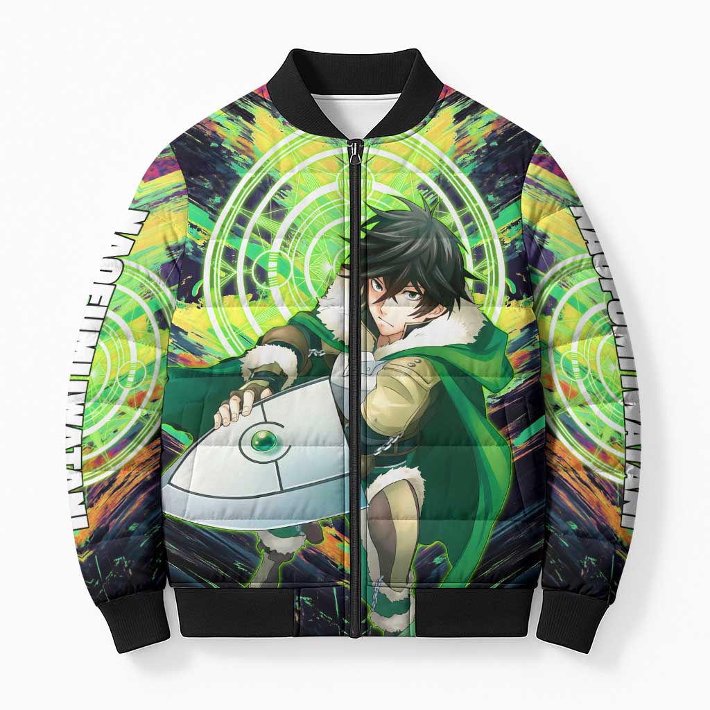 Naofumi The Rising of the Shield Hero Bomber Puffer Jacket with Dynamic Combat Pose and Energy Circles - The Mazicc