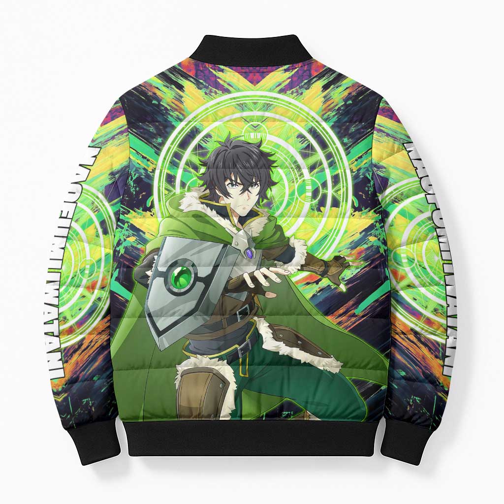 Naofumi The Rising of the Shield Hero Bomber Puffer Jacket with Dynamic Combat Pose and Energy Circles - The Mazicc