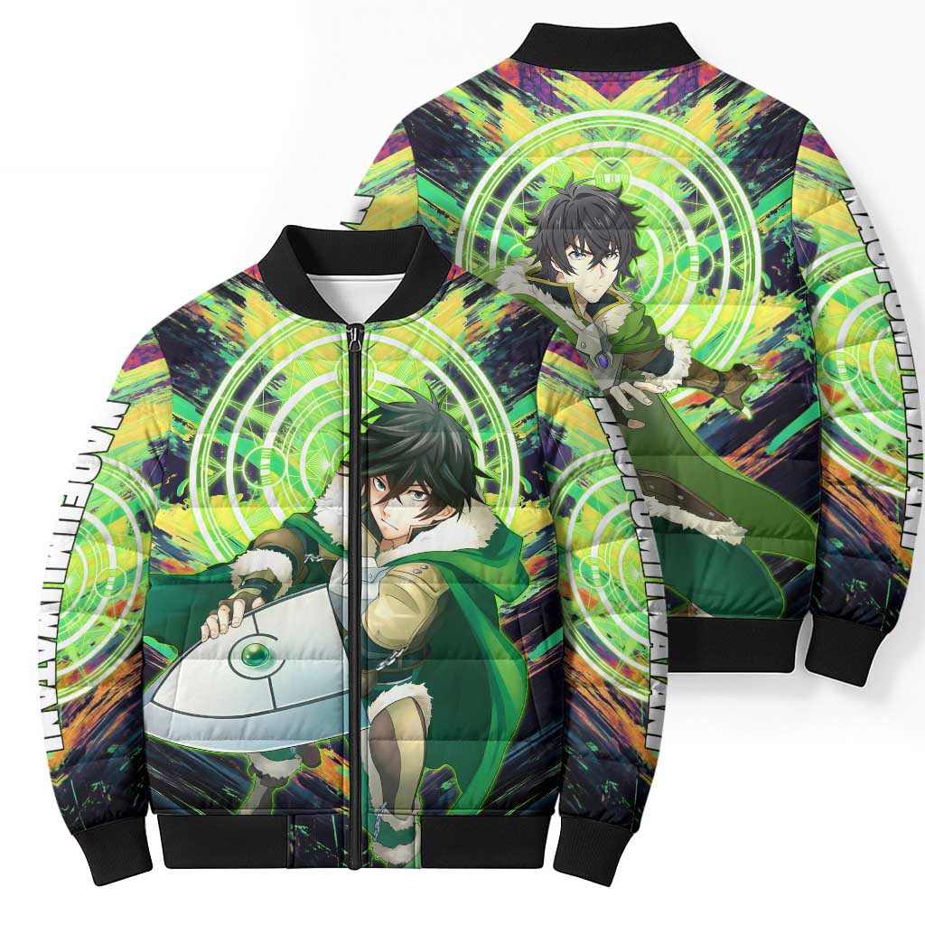 Naofumi The Rising of the Shield Hero Bomber Puffer Jacket with Dynamic Combat Pose and Energy Circles - The Mazicc