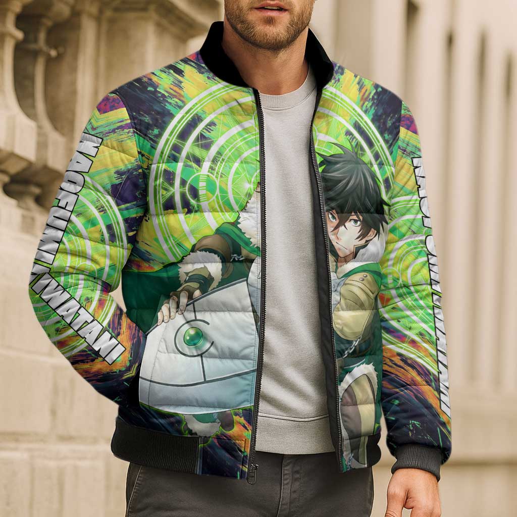 Naofumi The Rising of the Shield Hero Bomber Puffer Jacket with Dynamic Combat Pose and Energy Circles - The Mazicc