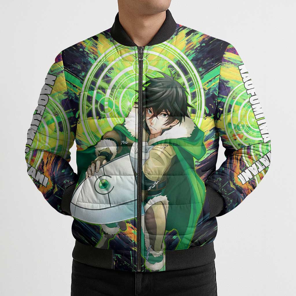 Naofumi The Rising of the Shield Hero Bomber Puffer Jacket with Dynamic Combat Pose and Energy Circles - The Mazicc