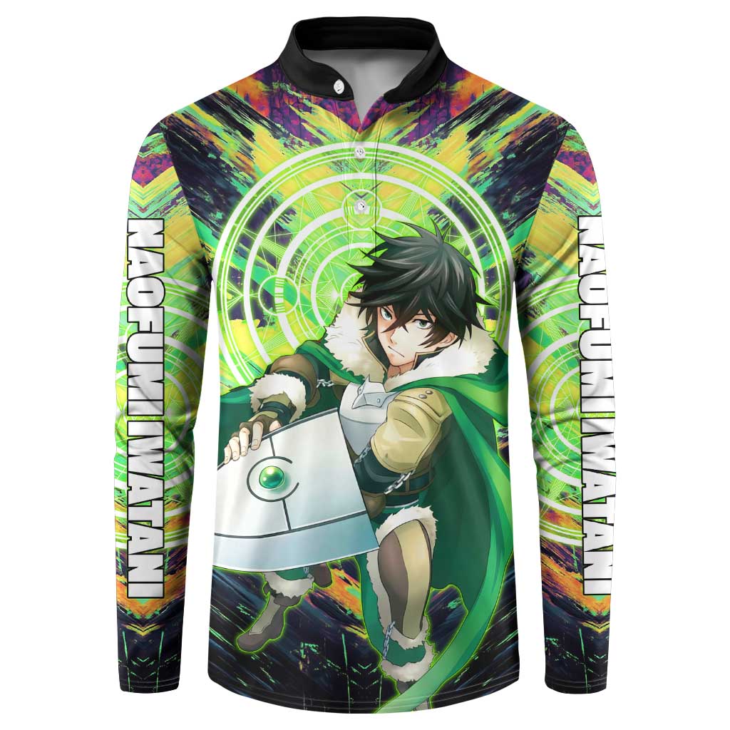 Naofumi The Rising of the Shield Hero Button Sweatshirt with Dynamic Combat Pose and Energy Circles - The Mazicc