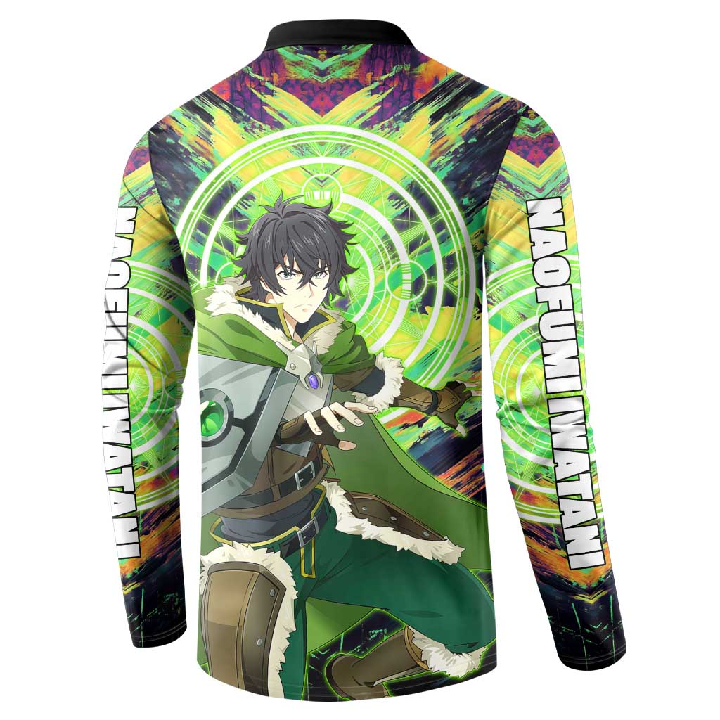 Naofumi The Rising of the Shield Hero Button Sweatshirt with Dynamic Combat Pose and Energy Circles - The Mazicc