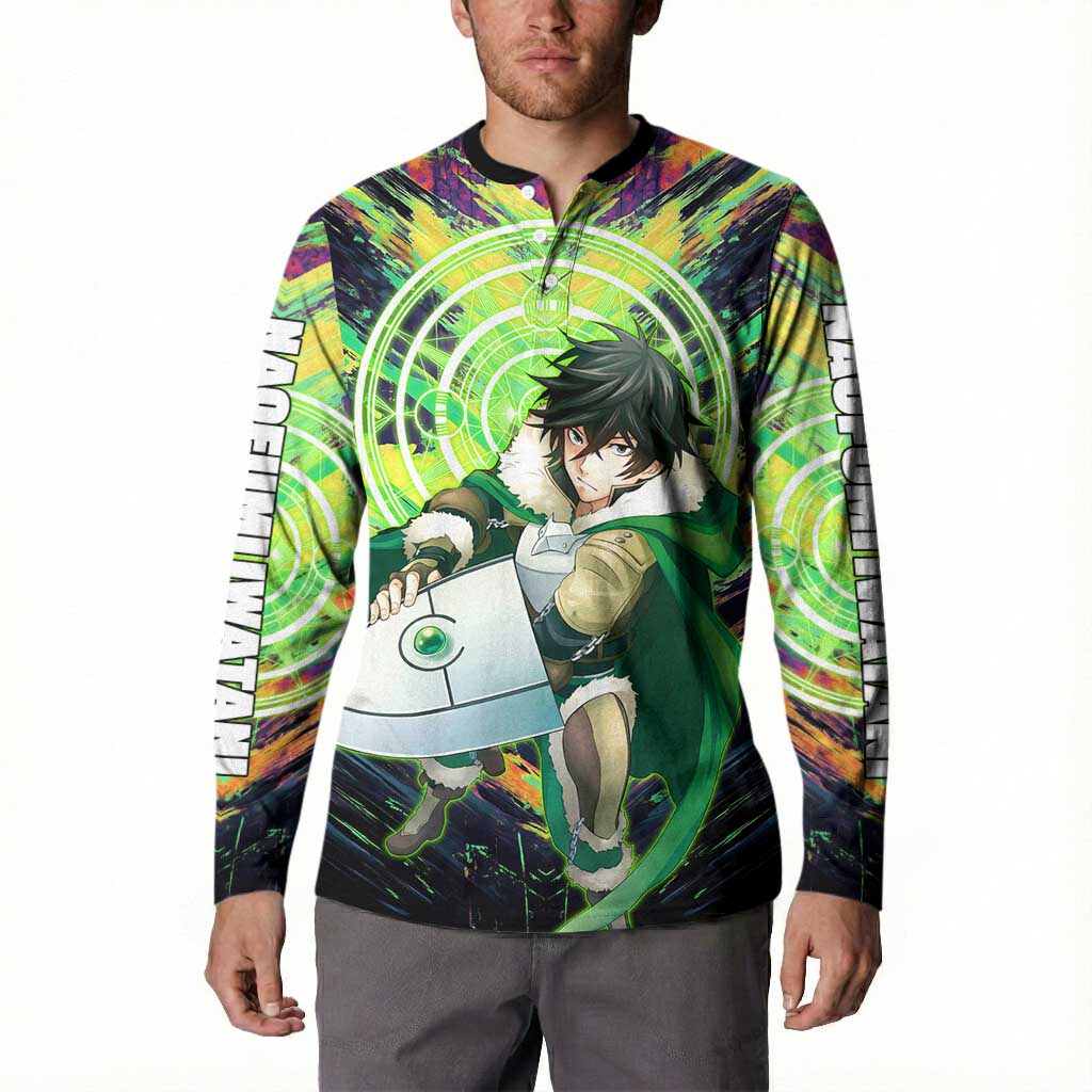 Naofumi The Rising of the Shield Hero Button Sweatshirt with Dynamic Combat Pose and Energy Circles - The Mazicc