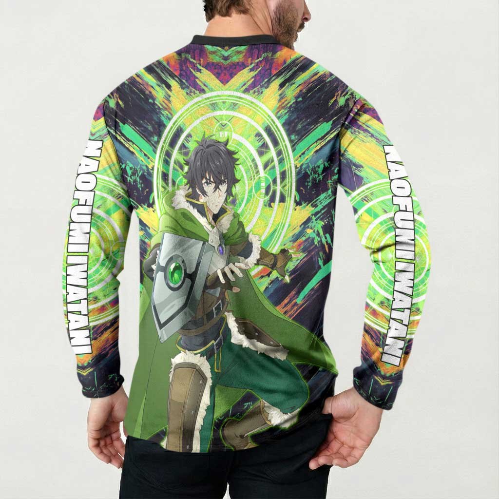 Naofumi The Rising of the Shield Hero Button Sweatshirt with Dynamic Combat Pose and Energy Circles - The Mazicc