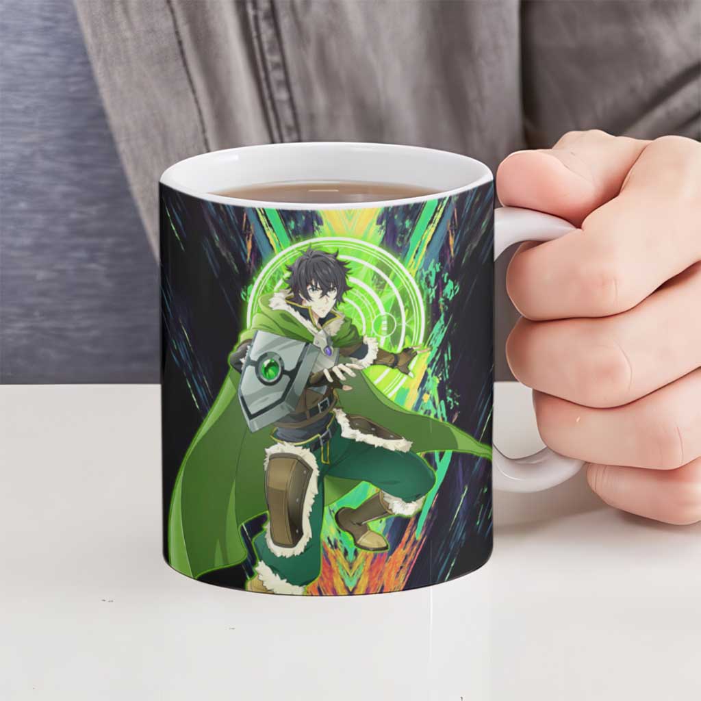 Naofumi The Rising of the Shield Hero Ceramic Mug with Dynamic Combat Pose and Energy Circles - The Mazicc