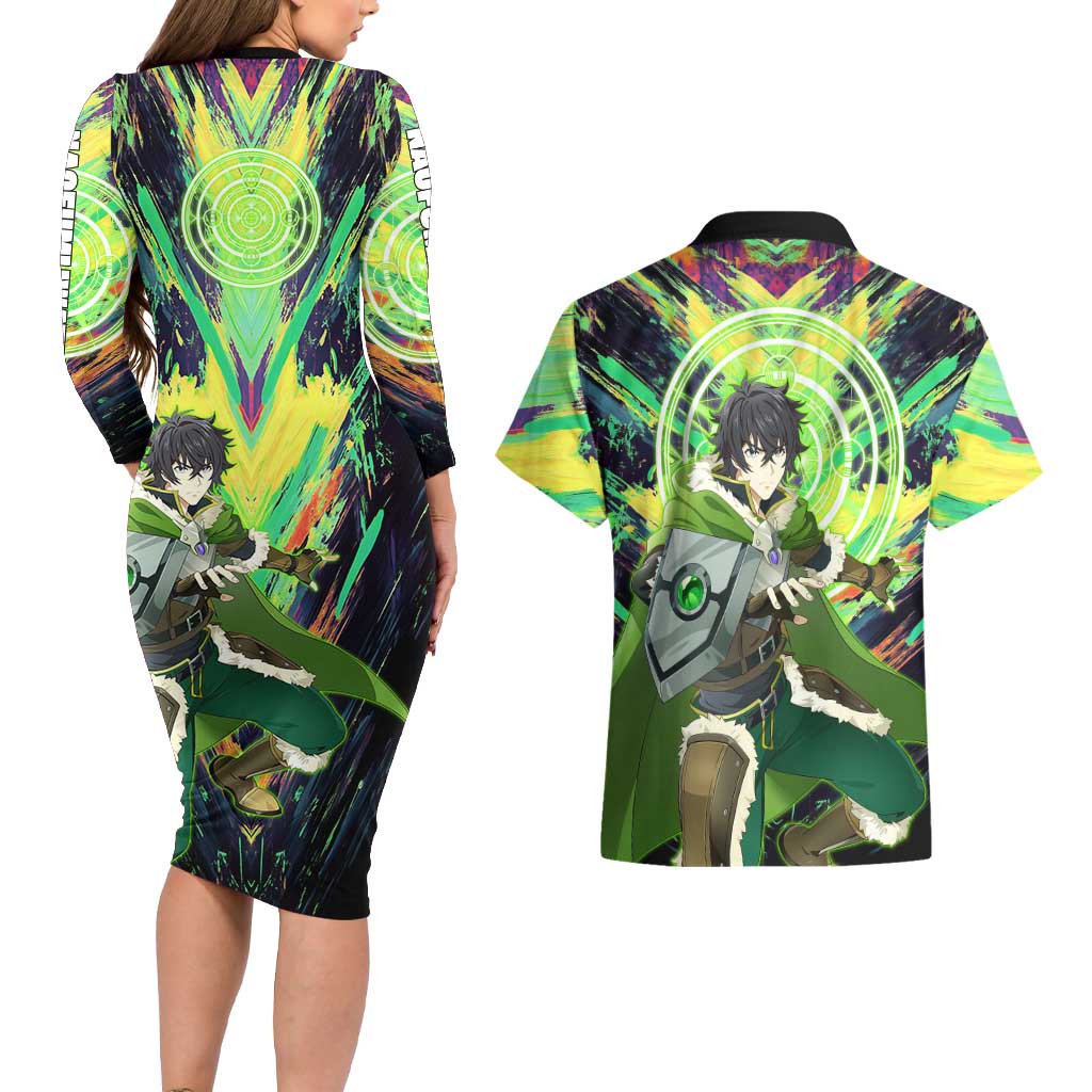 Naofumi The Rising of the Shield Hero Couples Matching Long Sleeve Bodycon Dress and Hawaiian Shirt with Dynamic Combat Pose and Energy Circles - The Mazicc