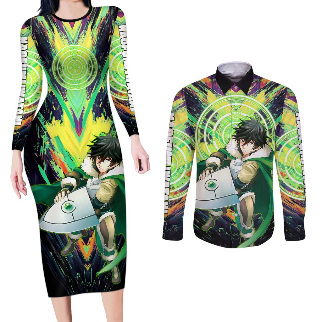 Naofumi The Rising of the Shield Hero Couples Matching Long Sleeve Bodycon Dress and Long Sleeve Button Shirt with Dynamic Combat Pose and Energy Circles - The Mazicc