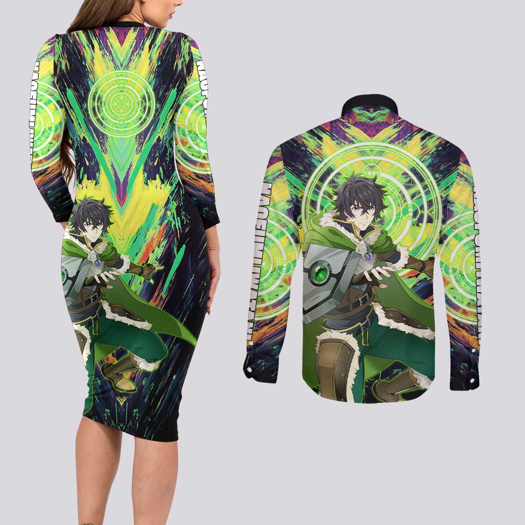 Naofumi The Rising of the Shield Hero Couples Matching Long Sleeve Bodycon Dress and Long Sleeve Button Shirt with Dynamic Combat Pose and Energy Circles - The Mazicc
