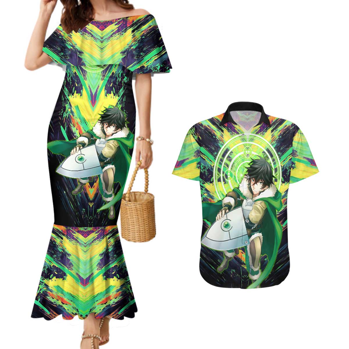 Naofumi The Rising of the Shield Hero Couples Matching Mermaid Dress and Hawaiian Shirt with Dynamic Combat Pose and Energy Circles - The Mazicc