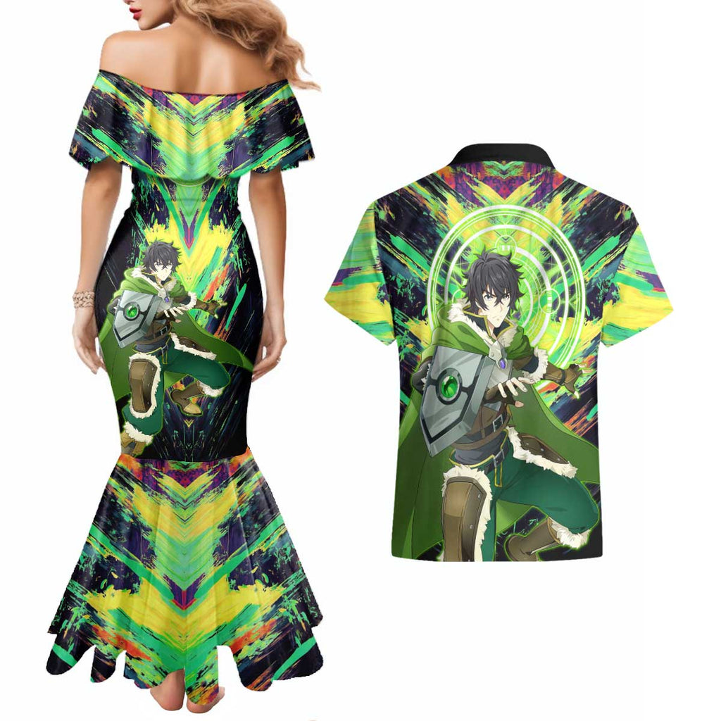 Naofumi The Rising of the Shield Hero Couples Matching Mermaid Dress and Hawaiian Shirt with Dynamic Combat Pose and Energy Circles - The Mazicc