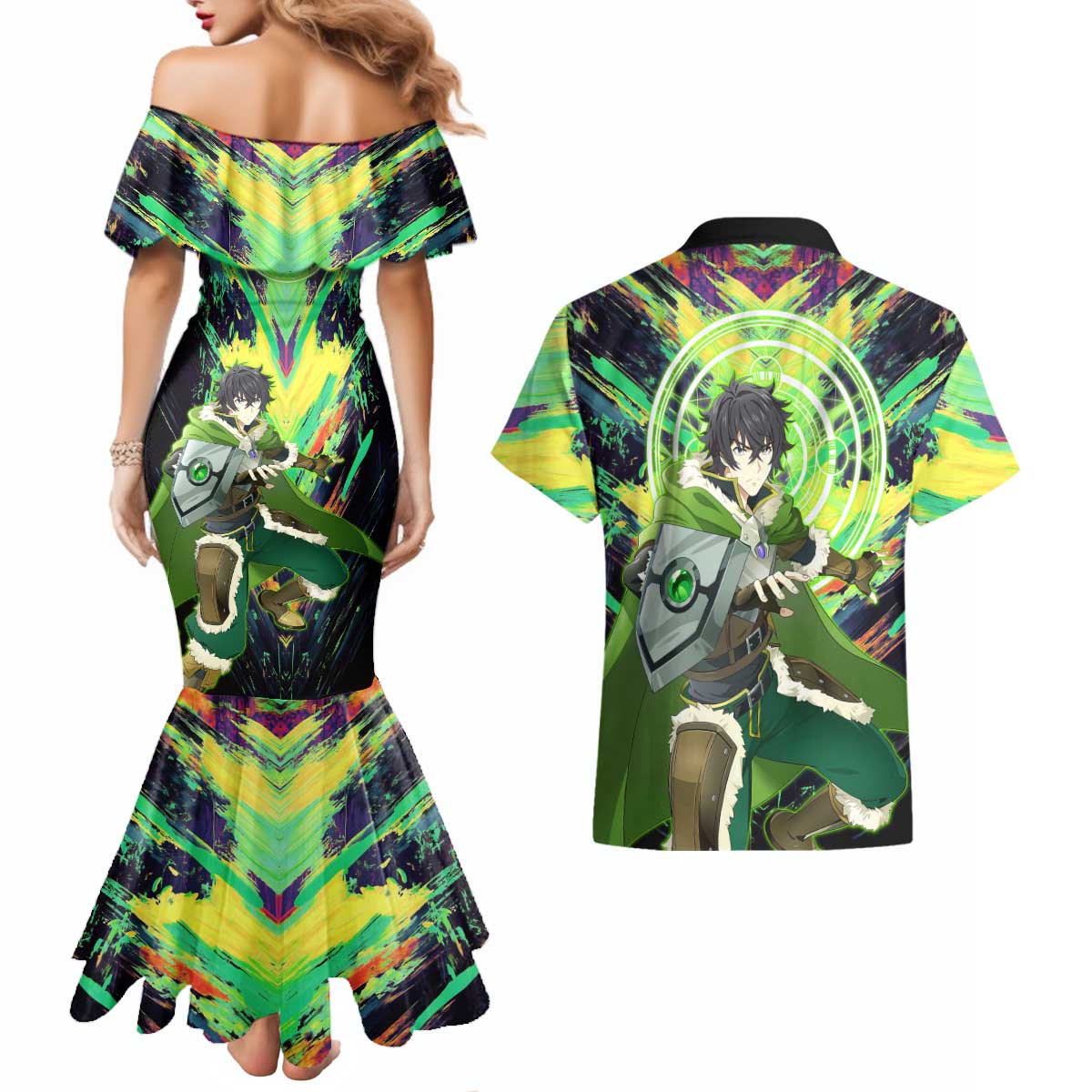 Naofumi The Rising of the Shield Hero Couples Matching Mermaid Dress and Hawaiian Shirt with Dynamic Combat Pose and Energy Circles - The Mazicc