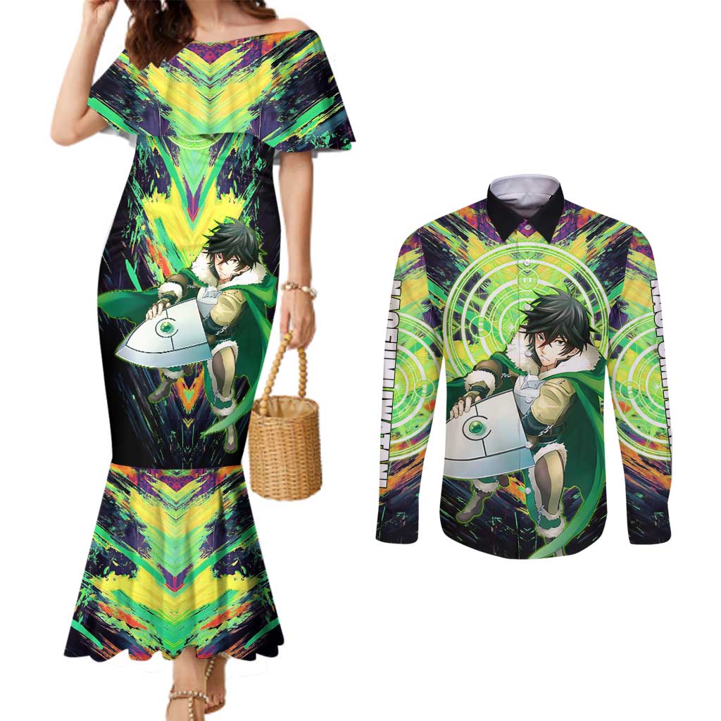 Naofumi The Rising of the Shield Hero Couples Matching Mermaid Dress and Long Sleeve Button Shirt with Dynamic Combat Pose and Energy Circles - The Mazicc