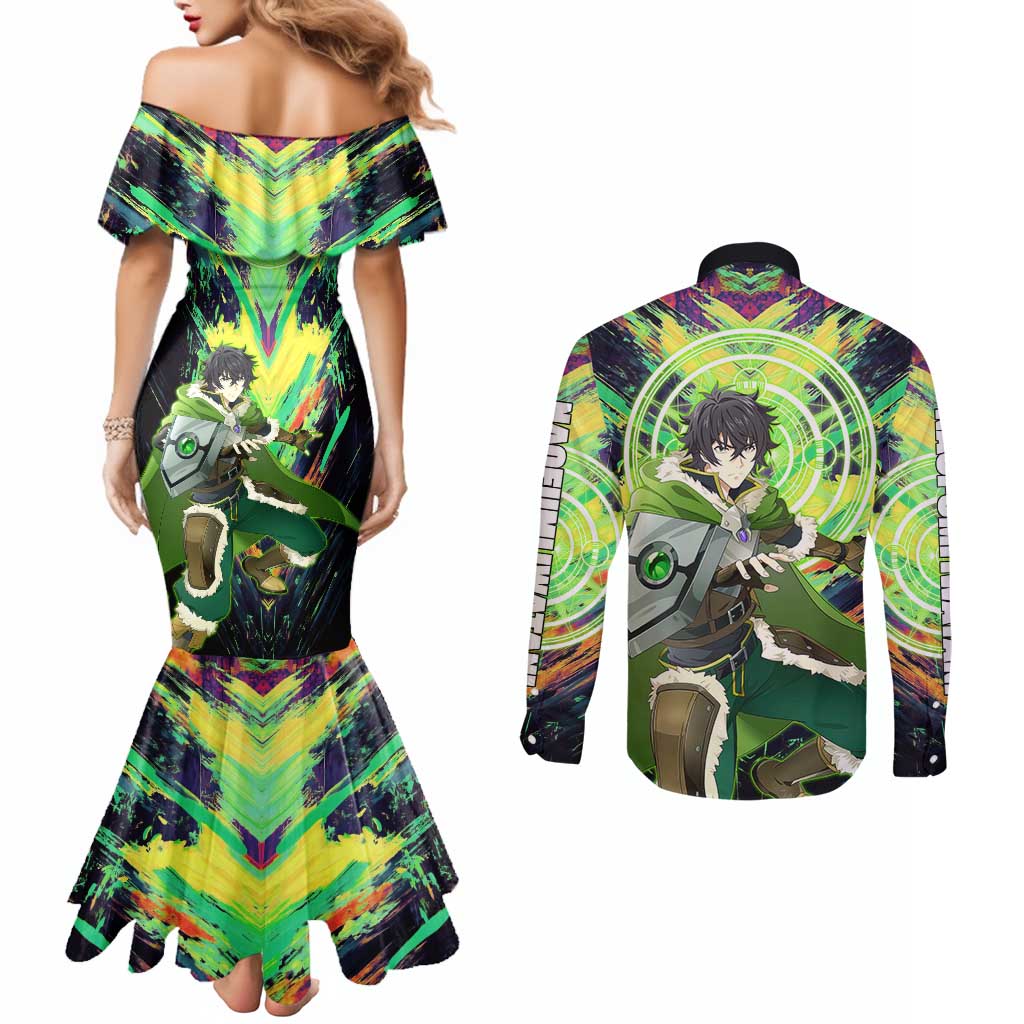 Naofumi The Rising of the Shield Hero Couples Matching Mermaid Dress and Long Sleeve Button Shirt with Dynamic Combat Pose and Energy Circles - The Mazicc