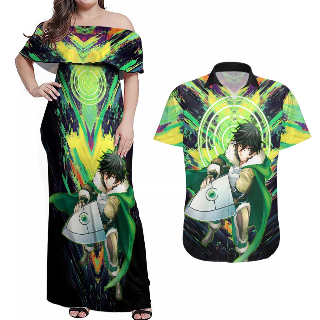 Naofumi The Rising of the Shield Hero Couples Matching Off Shoulder Maxi Dress and Hawaiian Shirt with Dynamic Combat Pose and Energy Circles - The Mazicc