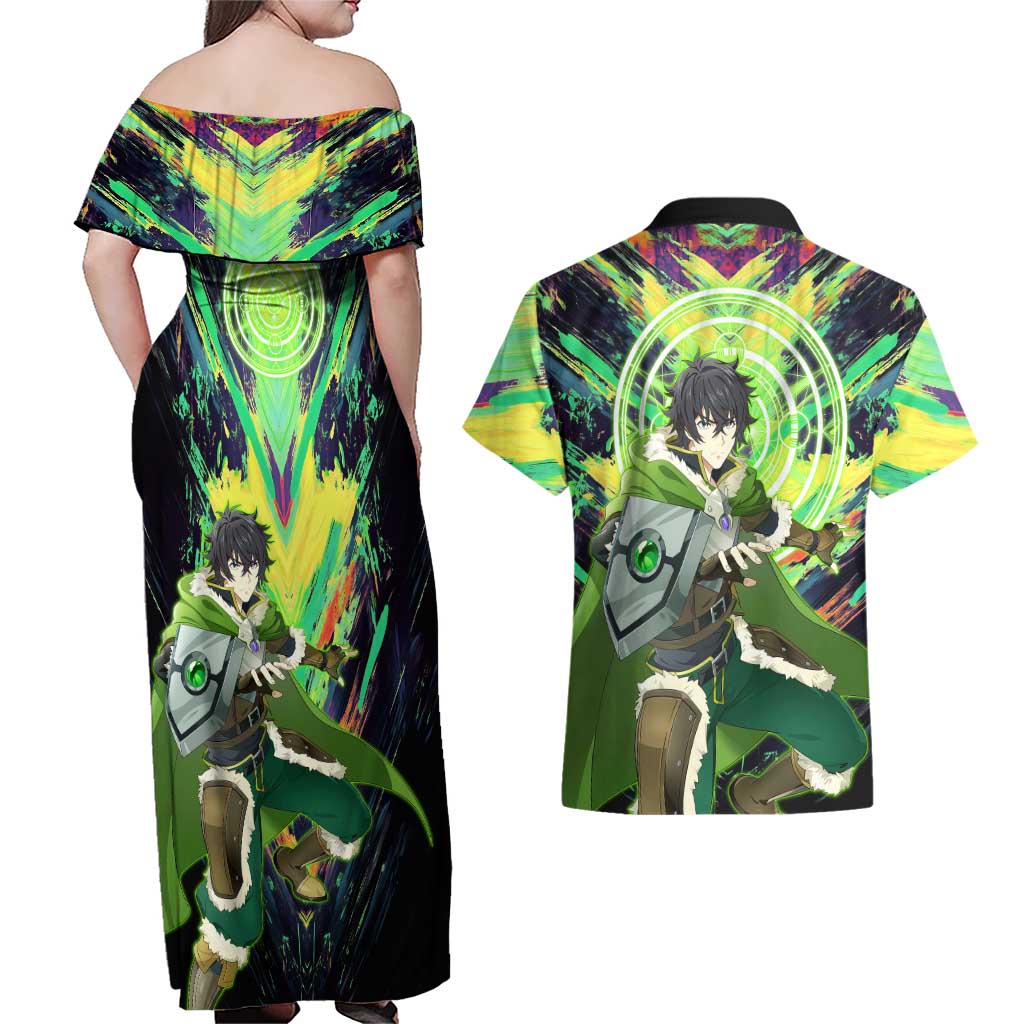 Naofumi The Rising of the Shield Hero Couples Matching Off Shoulder Maxi Dress and Hawaiian Shirt with Dynamic Combat Pose and Energy Circles - The Mazicc