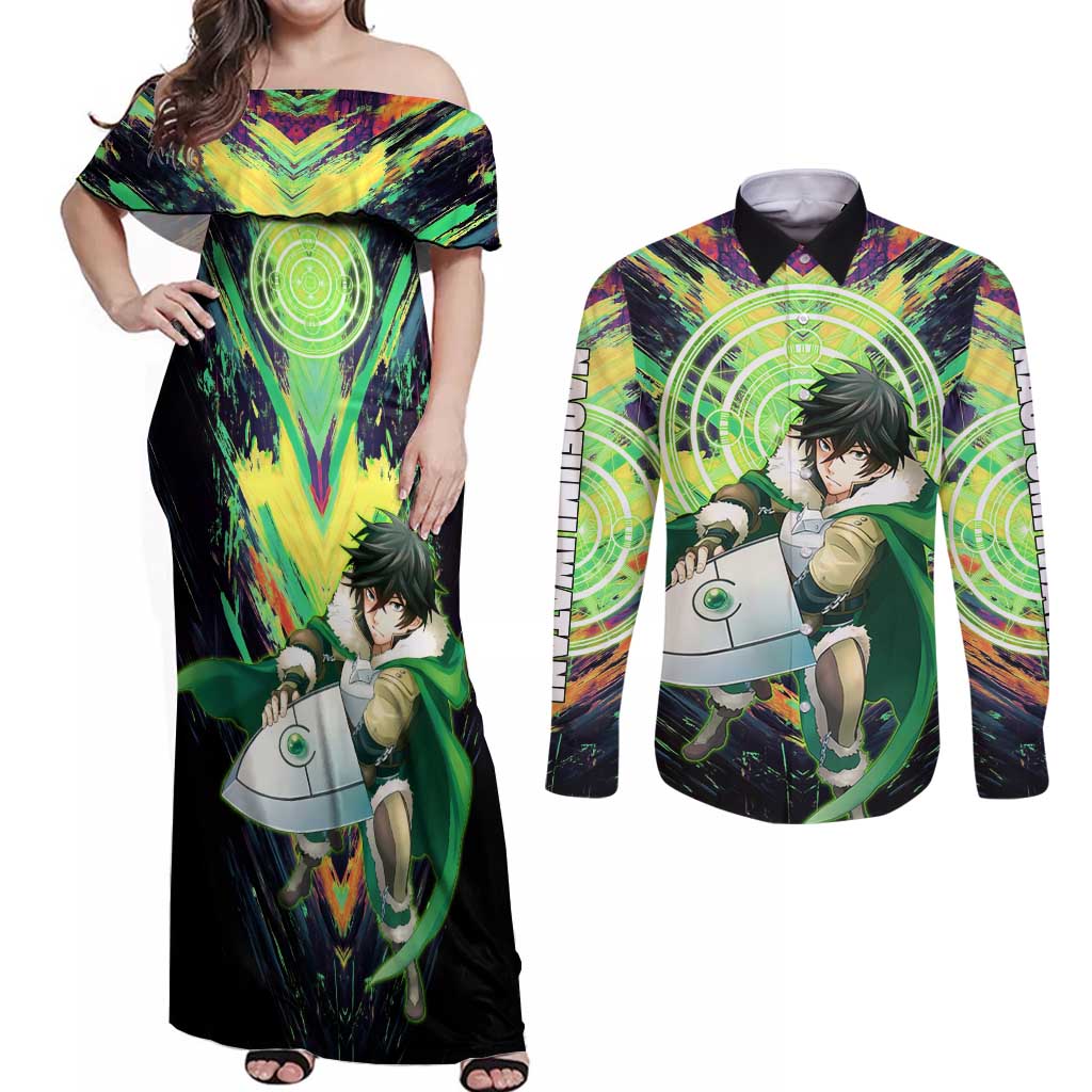 Naofumi The Rising of the Shield Hero Couples Matching Off Shoulder Maxi Dress and Long Sleeve Button Shirt with Dynamic Combat Pose and Energy Circles - The Mazicc