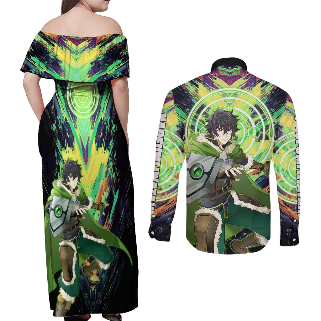 Naofumi The Rising of the Shield Hero Couples Matching Off Shoulder Maxi Dress and Long Sleeve Button Shirt with Dynamic Combat Pose and Energy Circles - The Mazicc