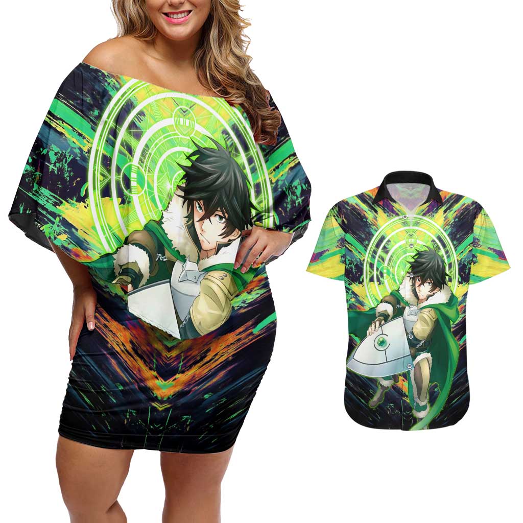 Naofumi The Rising of the Shield Hero Couples Matching Off Shoulder Short Dress and Hawaiian Shirt with Dynamic Combat Pose and Energy Circles - The Mazicc