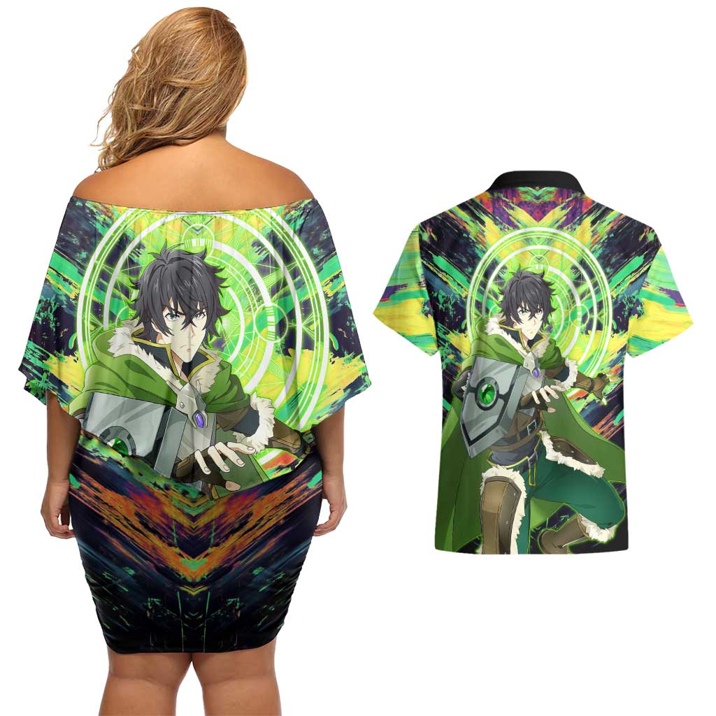 Naofumi The Rising of the Shield Hero Couples Matching Off Shoulder Short Dress and Hawaiian Shirt with Dynamic Combat Pose and Energy Circles - The Mazicc
